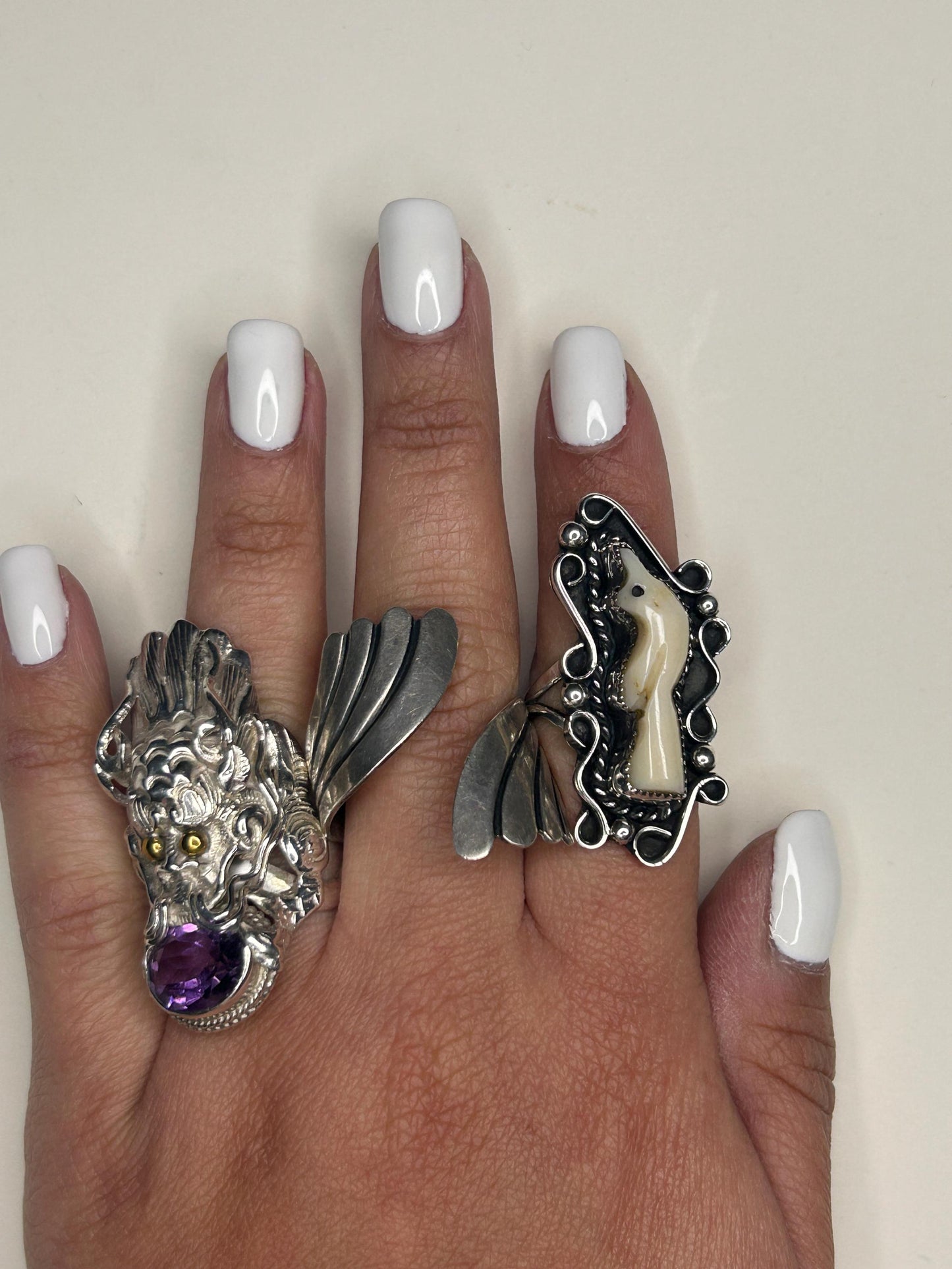 Vintage Large Nepal Amethyst Dragon Purple, Gold Tone Sterling Silver Ring Size 8 1/2