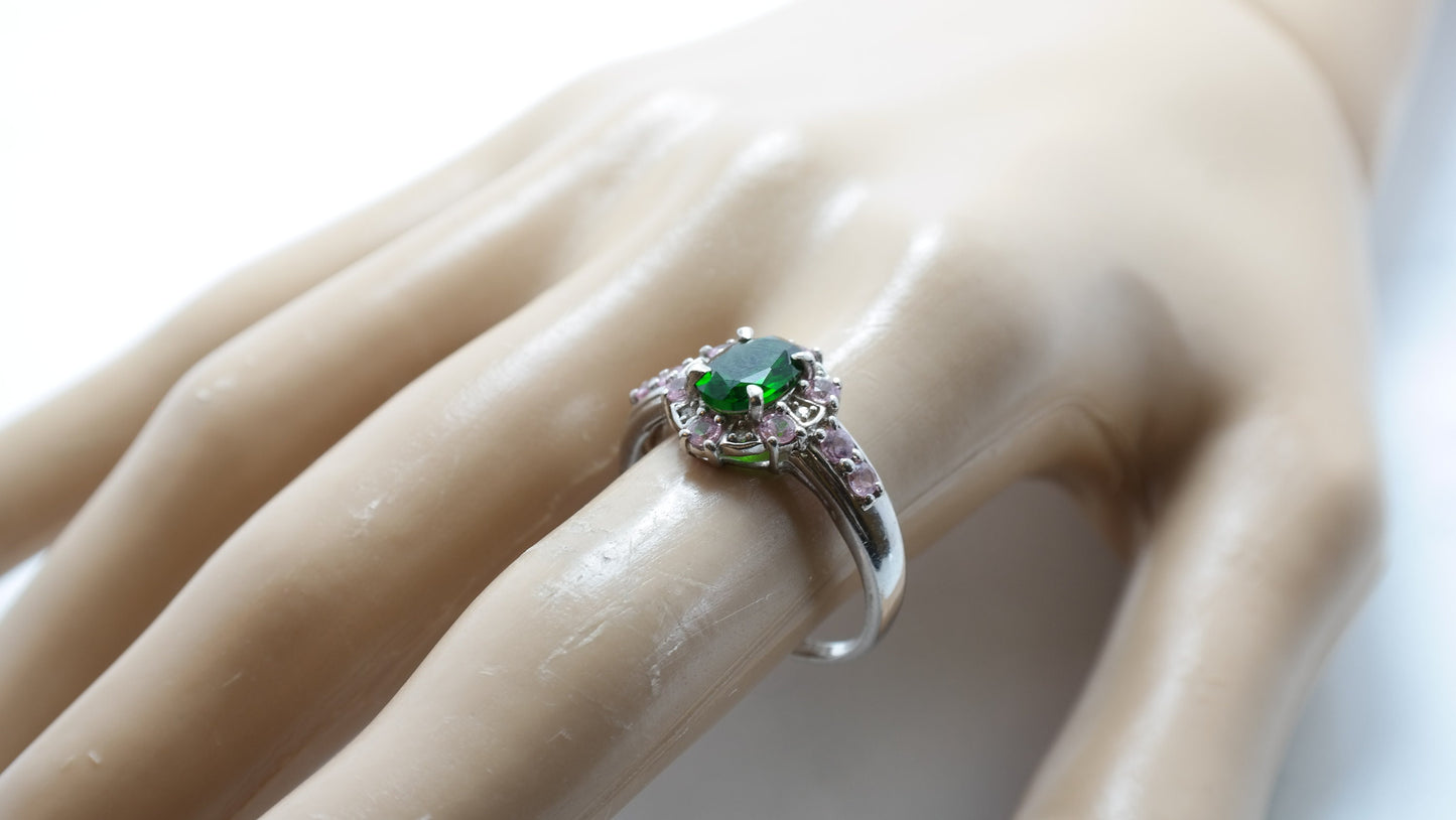 Vintage Sterling Silver Ring Green Chrome Diopside White Topaz Size 10