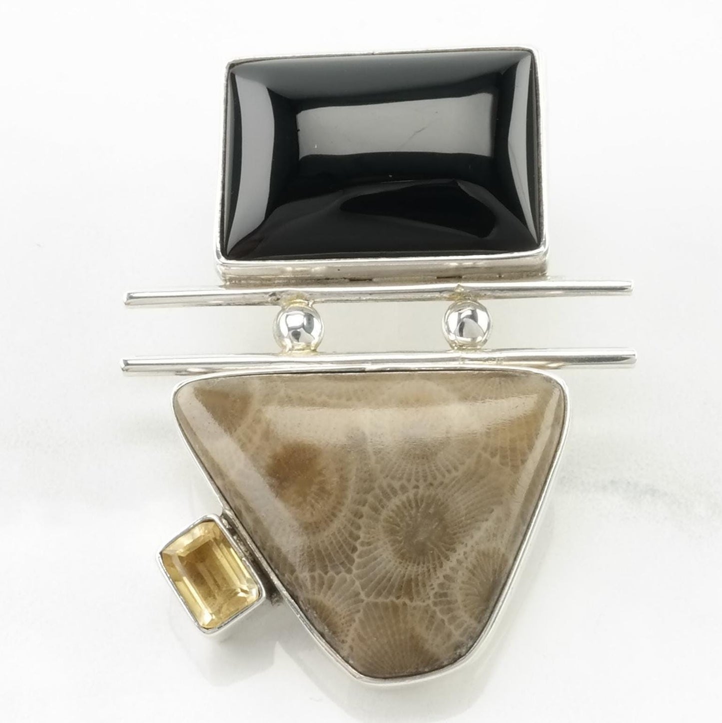 Vintage Native American Onyx, Citrine, Petoskey Sterling Silver Pendant