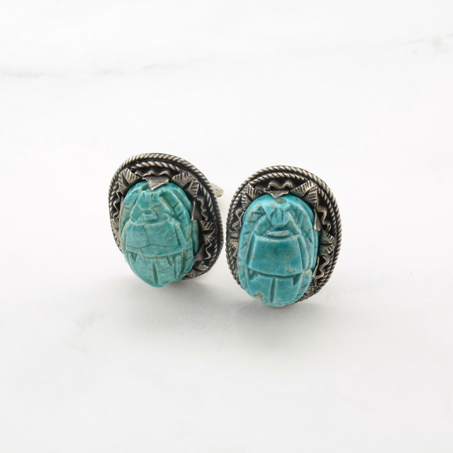 Vintage Egyptian Carved Scarab, Sterling Silver Clip On Earrings