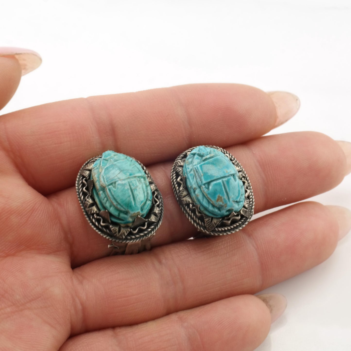 Vintage Egyptian Carved Scarab, Sterling Silver Clip On Earrings