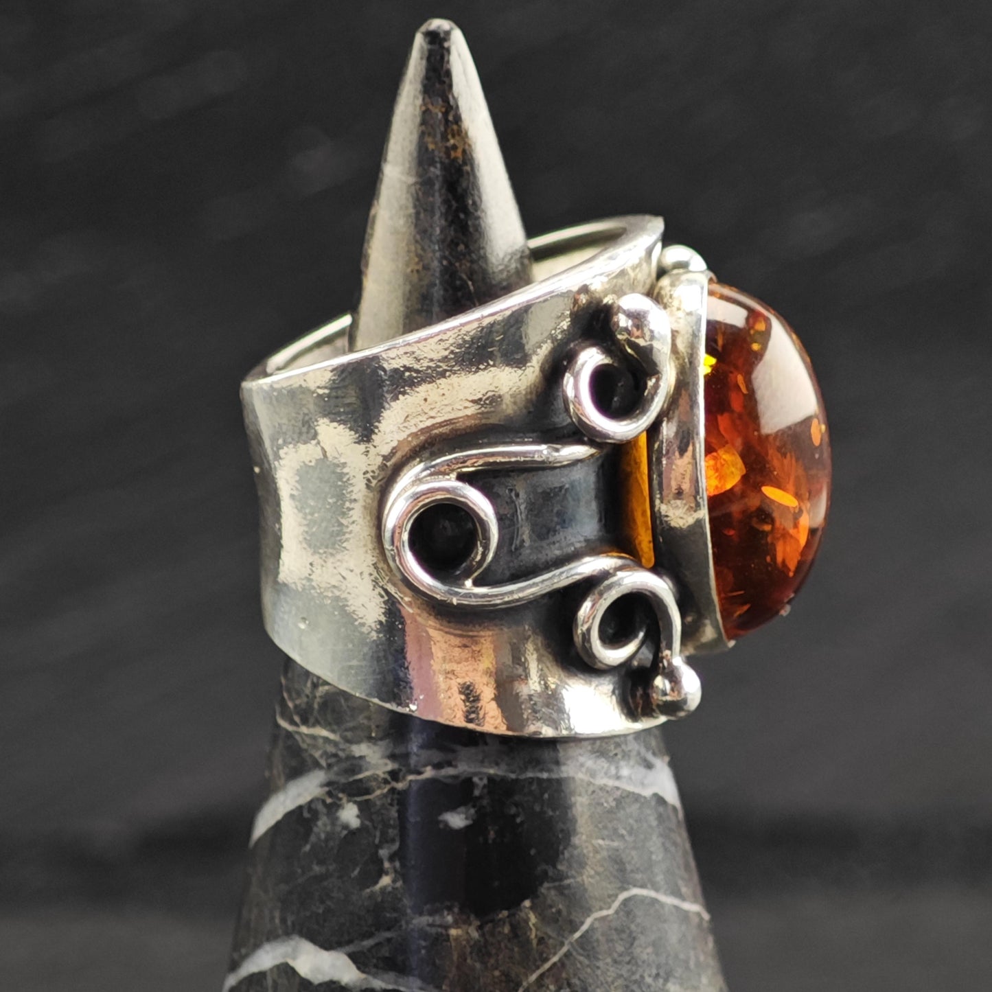 Large Amber Modernist Sterling Silver Ring Sz 6 3/4 R6727