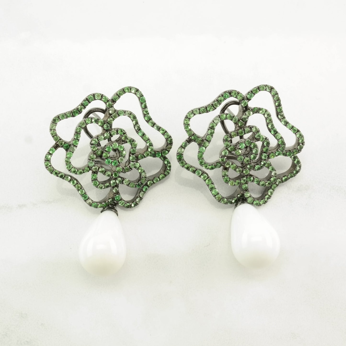 Vintage Sterling Silver Earrings, Green Tsavorite & White Stone Accents, Floral Design, Oxidized Finish