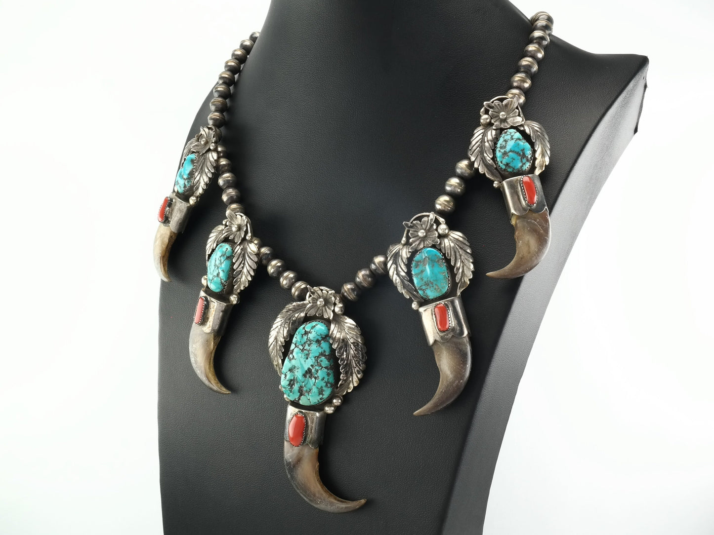 Native American Sterling Silver Turquoise, Coral, Floral, Feather Necklace