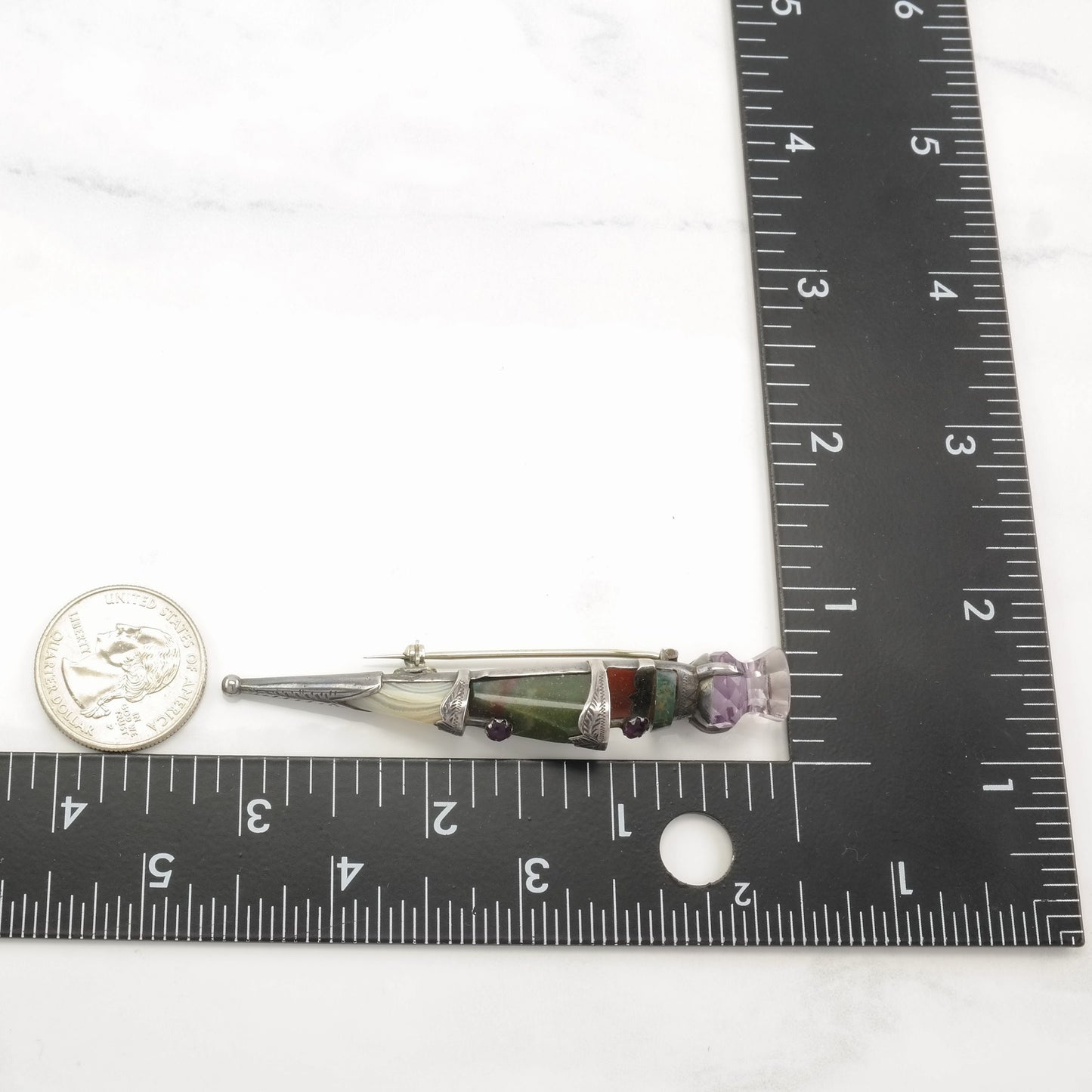 Victorian Sterling Silver Brooch Hardstone Amethyst, Scottish Agate B1640