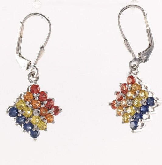 Sterling Silver Blue, Yellow, Orange, Red Sapphire, Diamond Earrings
