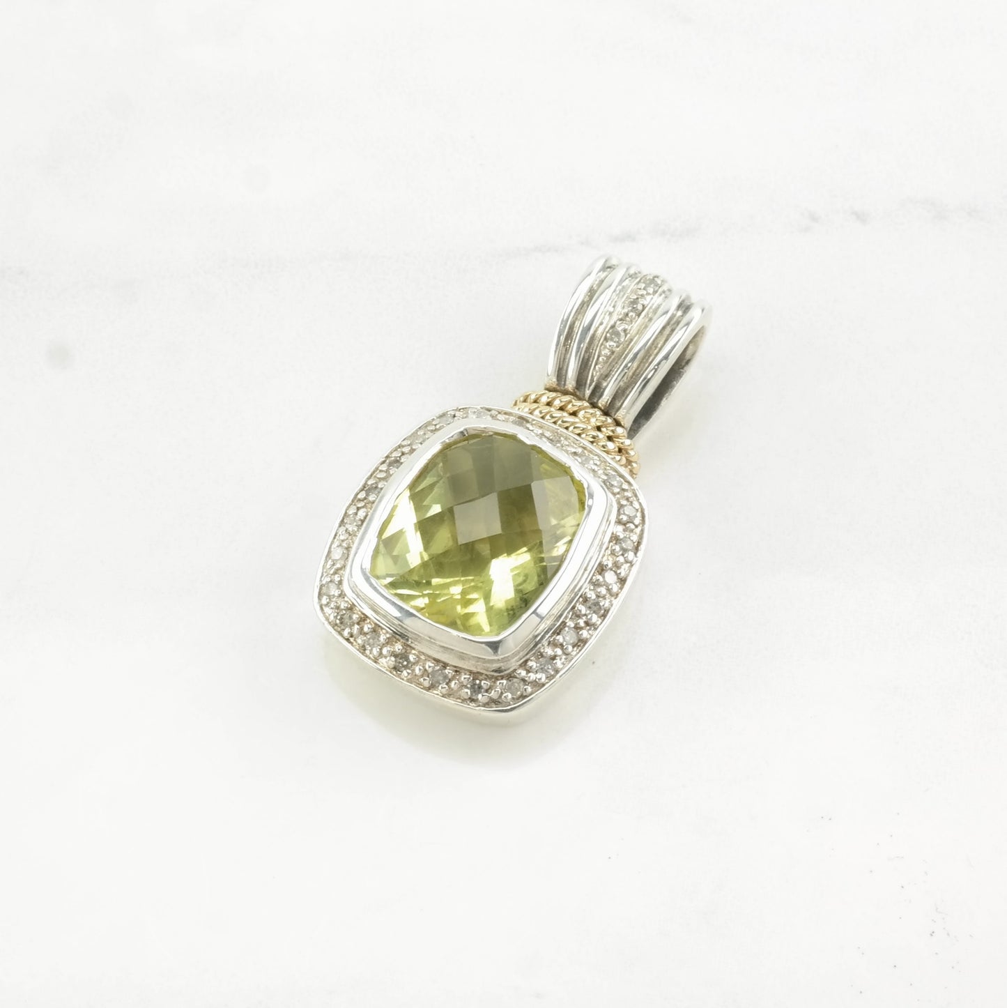 Vintage Lefkowitz and Edelstein Prasiolite, Diamond 14K gold accents Sterling Silver Pendant