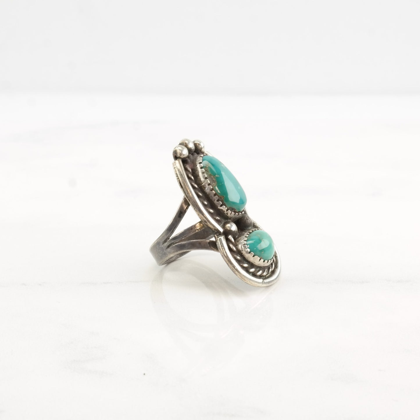 Vintage Native American Silver Ring Turquoise Double Stone Sterling Size 7 1/2