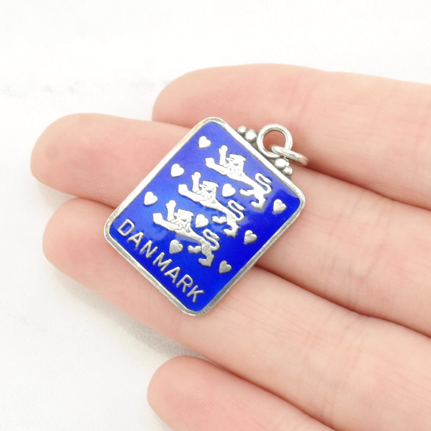 Vintage Danish Enamel Lion, "Danmark" Sterling Silver Pendant