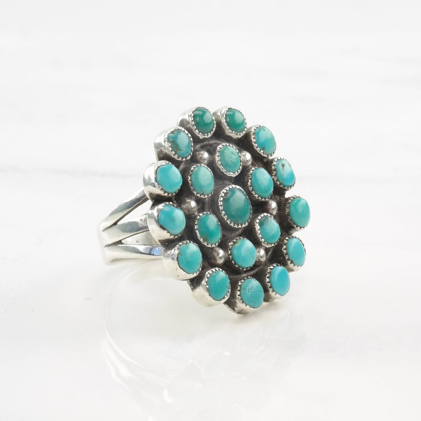 Vintage Native American Turquoise Cluster Ring, Sterling Silver, Size 8 1/2, Circa 1970s