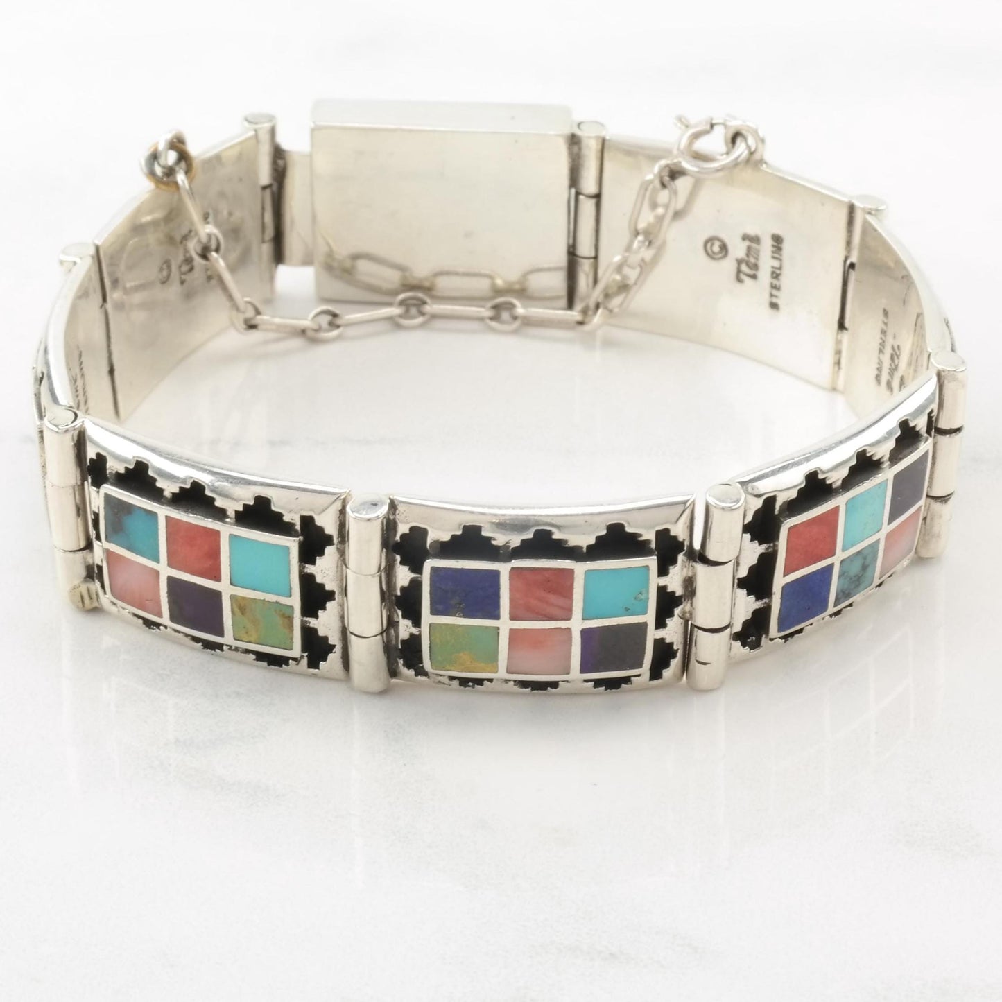 Teme Inlay Sterling Silver Bracelet Turquoise Coral Lapis Shadow Box