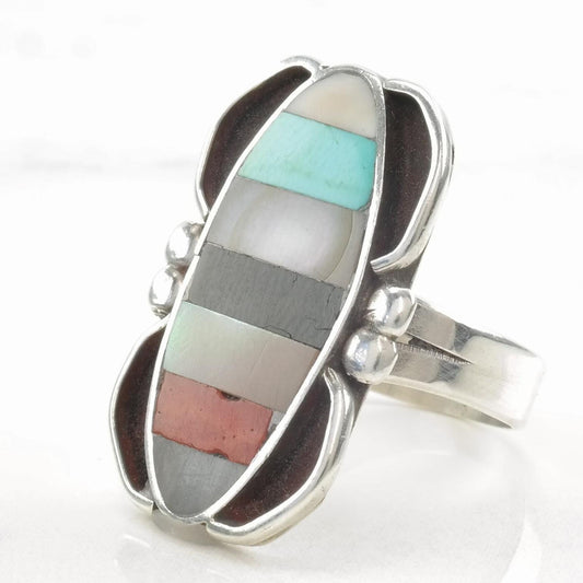 Vintage Native American Sterling Silver Ring MOP, Multi Gem Inlay Size 5 3/4