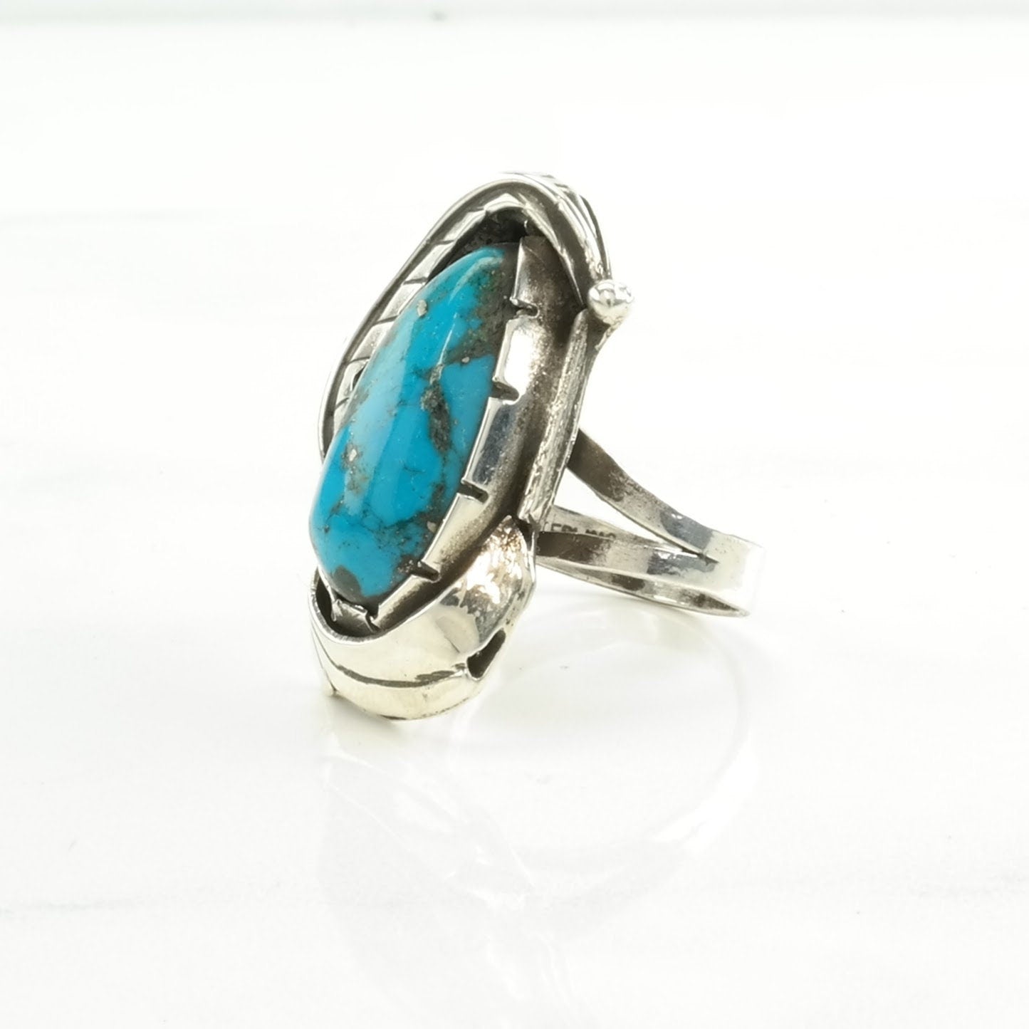Vintage Southwest Silver Ring Turquoise Leaf Sterling Blue Size 7 1/2