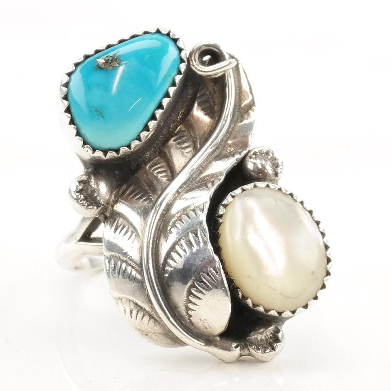 Vintage Native American Silver Ring MOP Turquoise Leaf Double Sterling Size 6 1/4