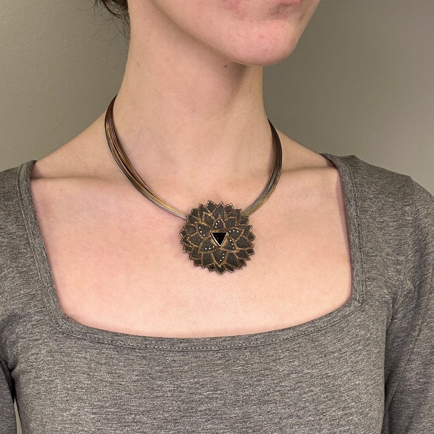 Vintage Designer Sterling Silver Druzy Quartz, Diamonds 24K Accents Necklace