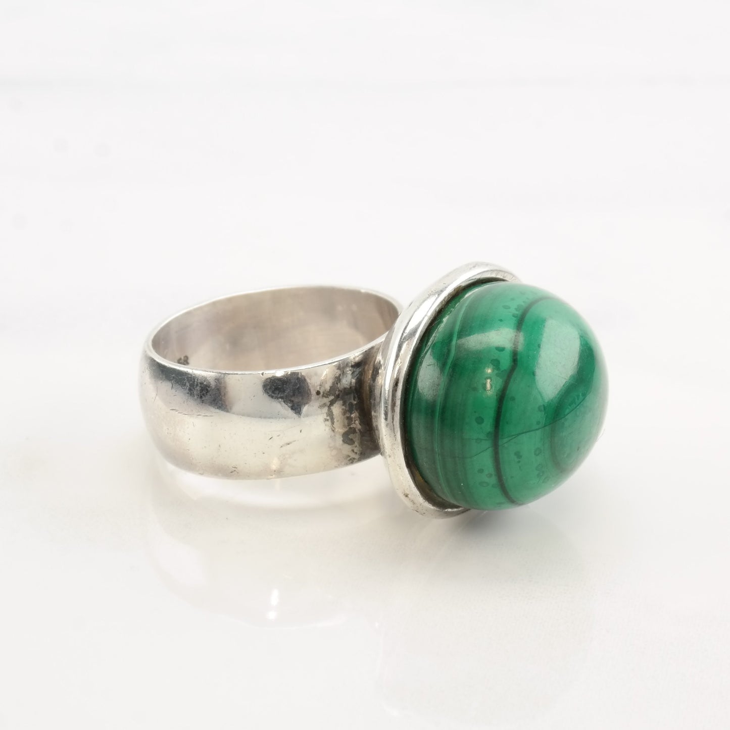 Vintage Modernist Silver Ring Malachite Sterling Size 7 3/4