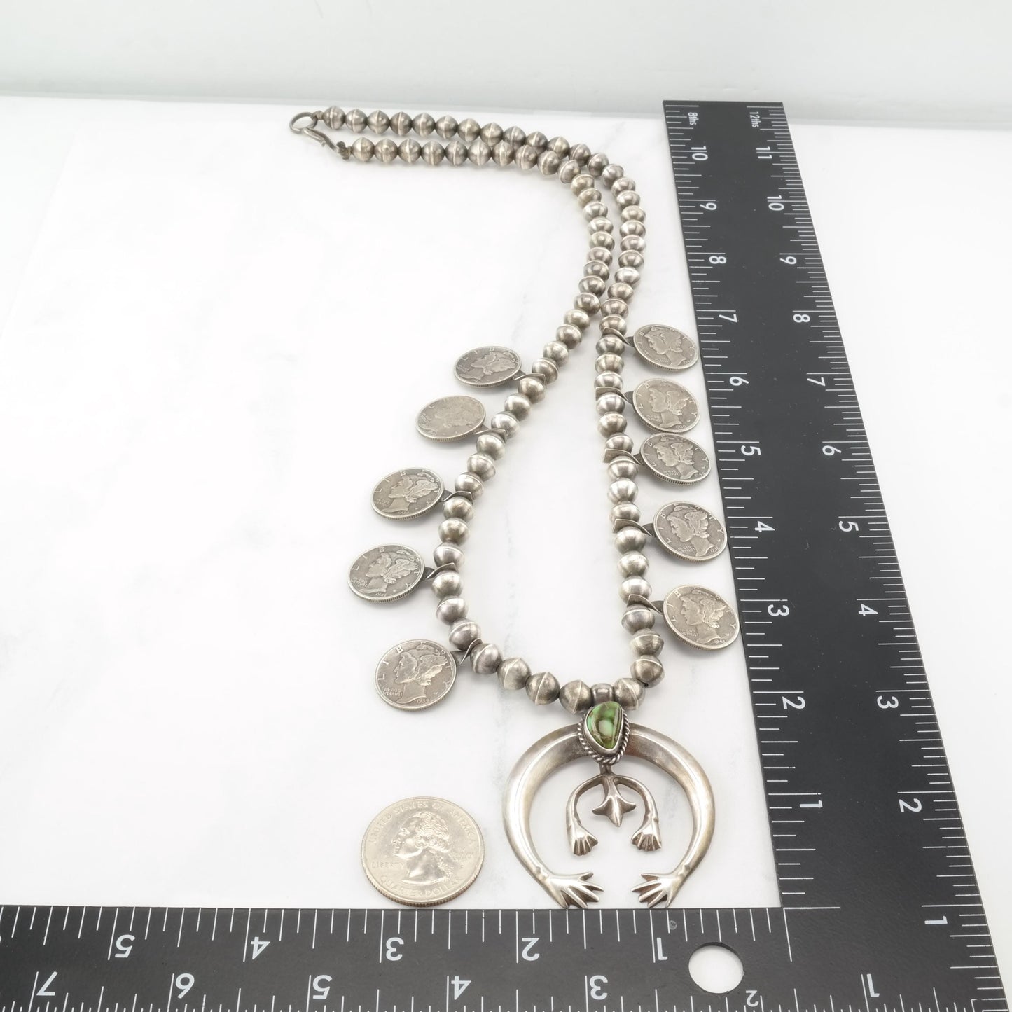 Vintage Native American Turquoise, Mercury Dimes Sterling Silver Squash Blossom Necklace