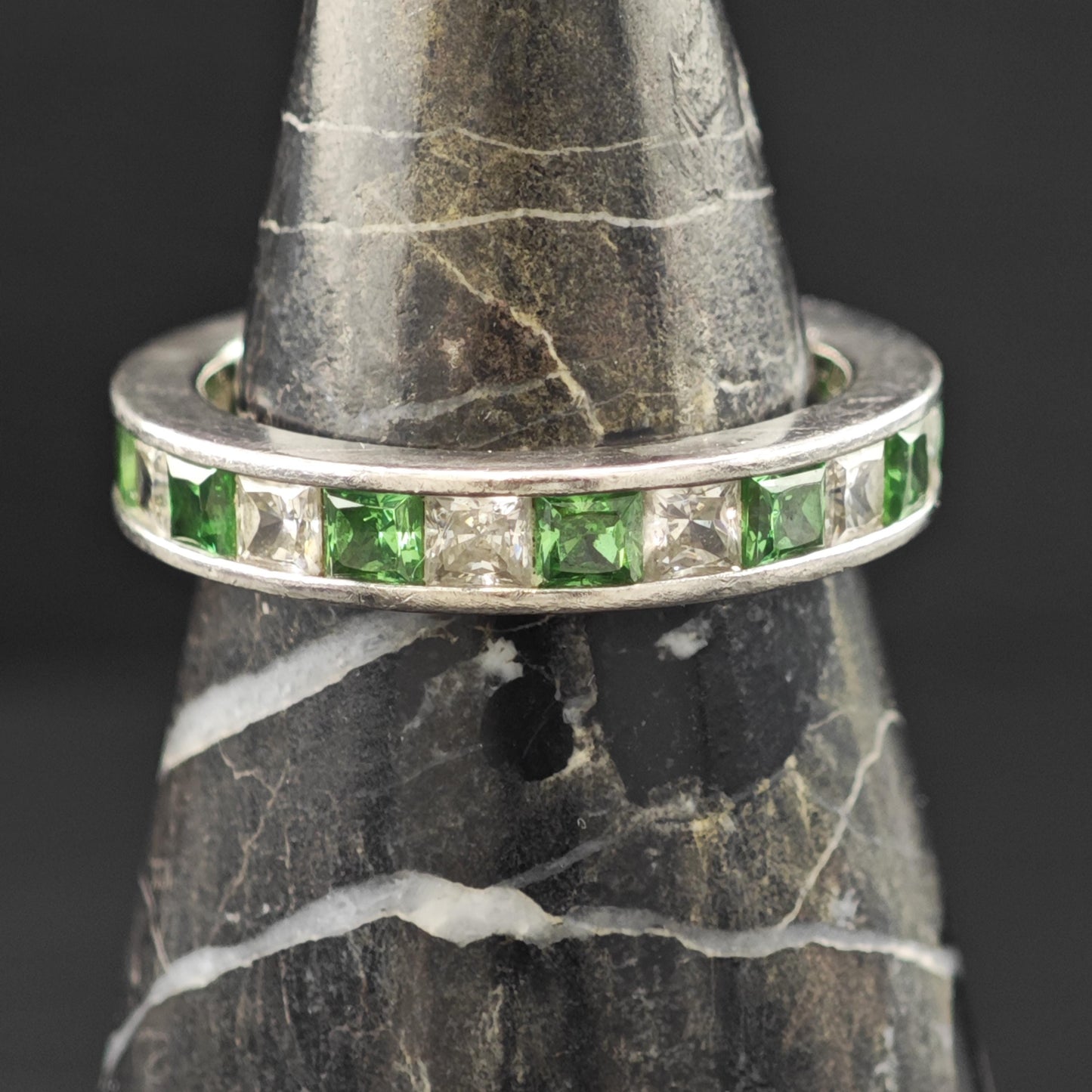 Sterling Silver Ring Green and White CZ Band Size 9 R6046