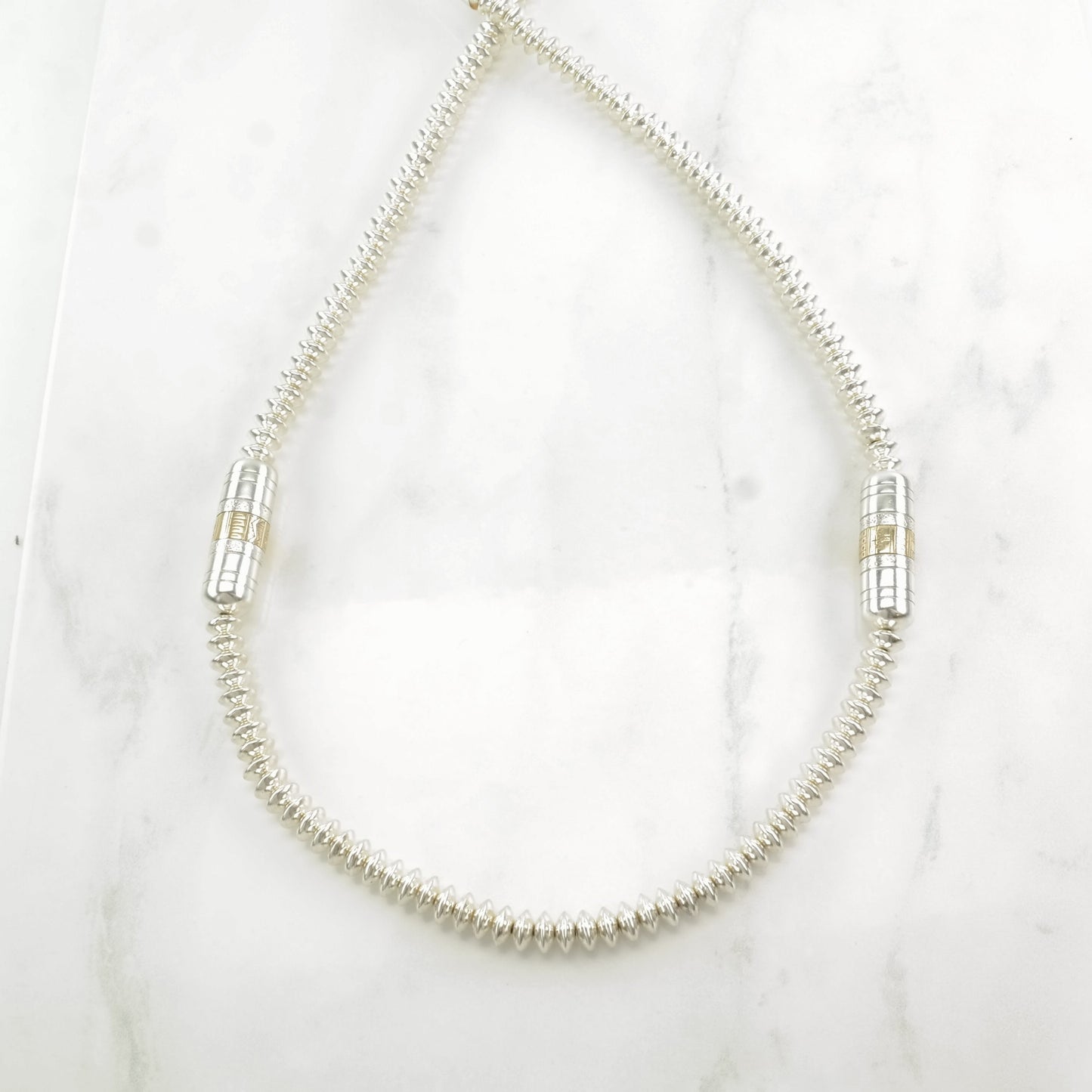 Vintage Native American Sterling Silver Beaded 14k Gold Accents Necklace