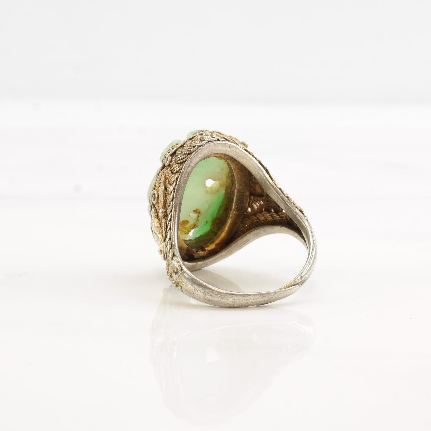 Vintage China Silver Ring Jadeite Carved Flower Gold Filled Filigree Sterling Size 7 3/4