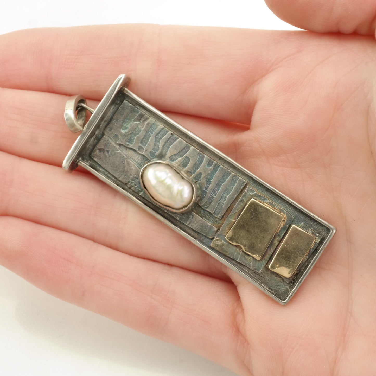 Vintage Brutalist Pearl Gold Toned Elements Sterling Silver Pendant
