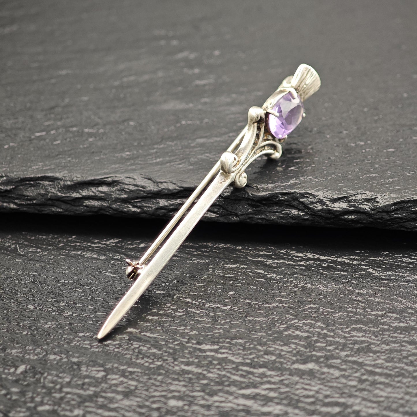 Purple Amethyst Sword Brooch Sterling Silver