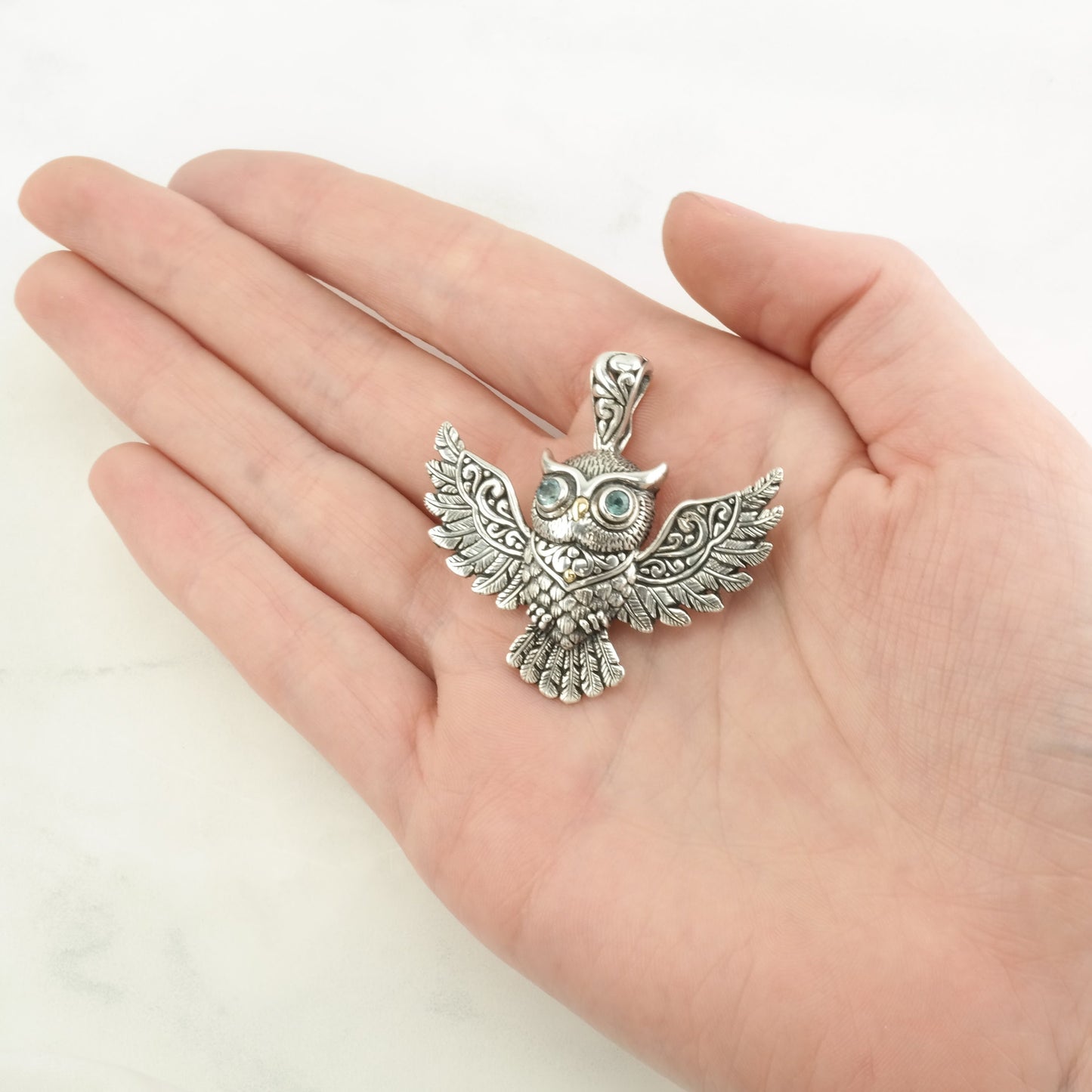 Vintage 18K Gold Accents, Blue Topaz Owl Sterling Silver Pendant
