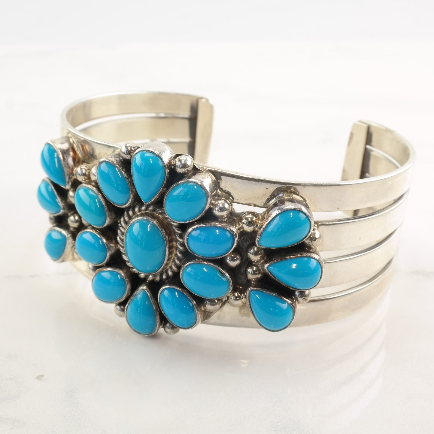 Navajo Sterling Silver & Turquoise Cluster Cuff Bracelet | Signed Kathleen Chavez | Southwestern Jewelry | 7" Wrist | Statement Cuff