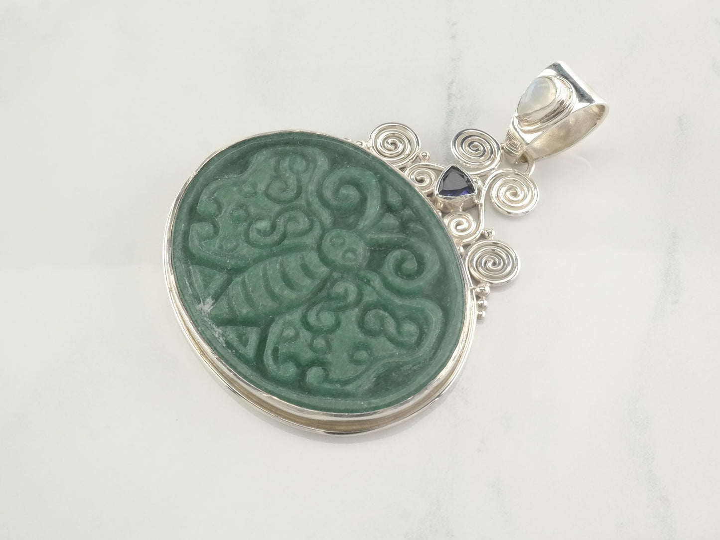 Carved Jade Butterfly Sterling Silver Pendant Sajen