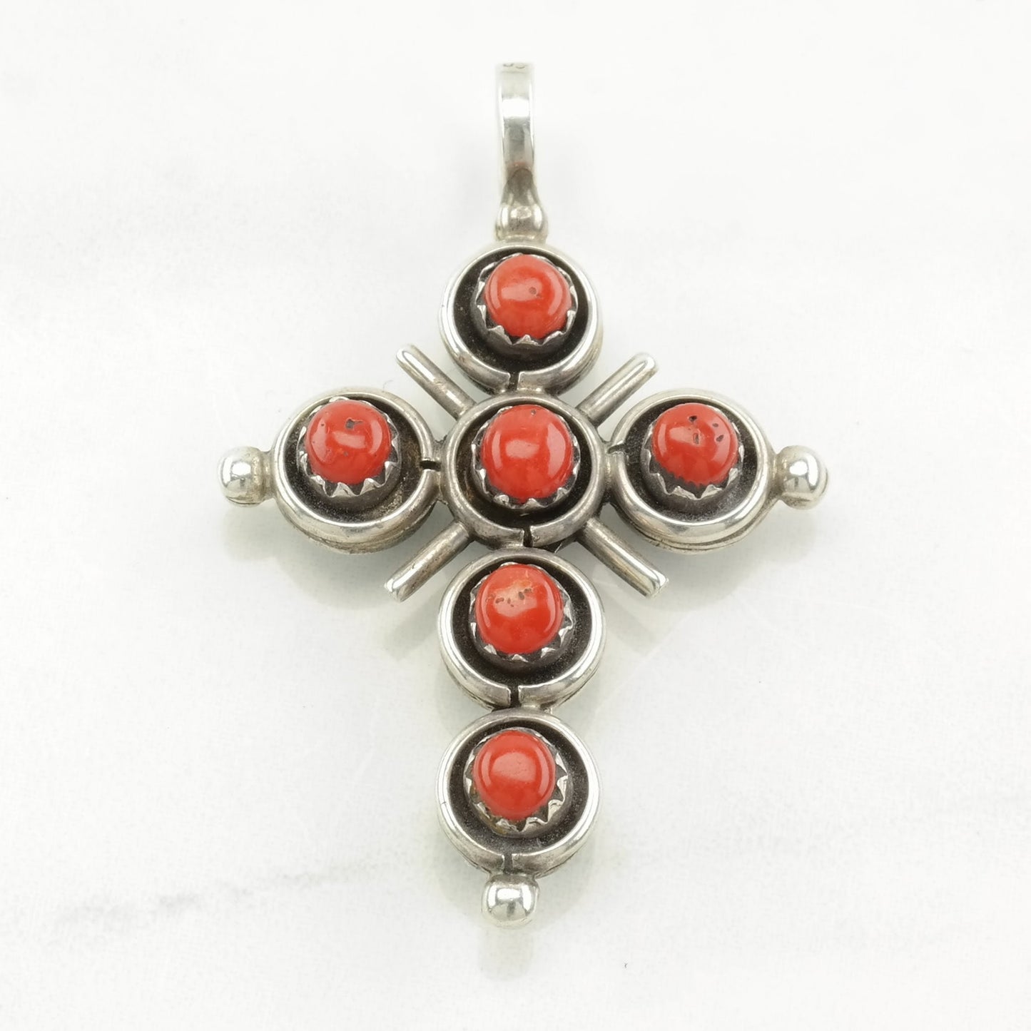 Vintage Native American Turquoise, Coral Cross Sterling Silver Pendant