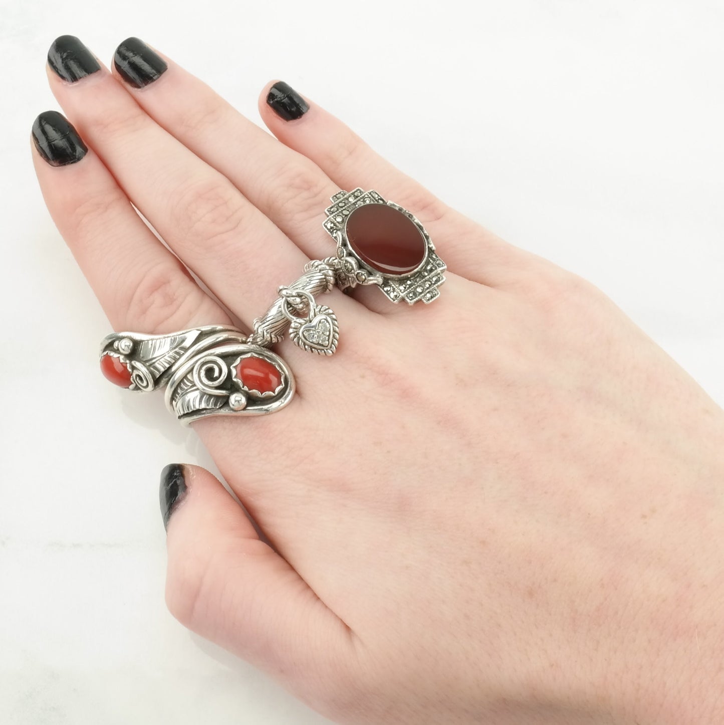 Vintage Art Deco Silver Ring Carnelian Marcasite Sterling Red Size 4 1/4