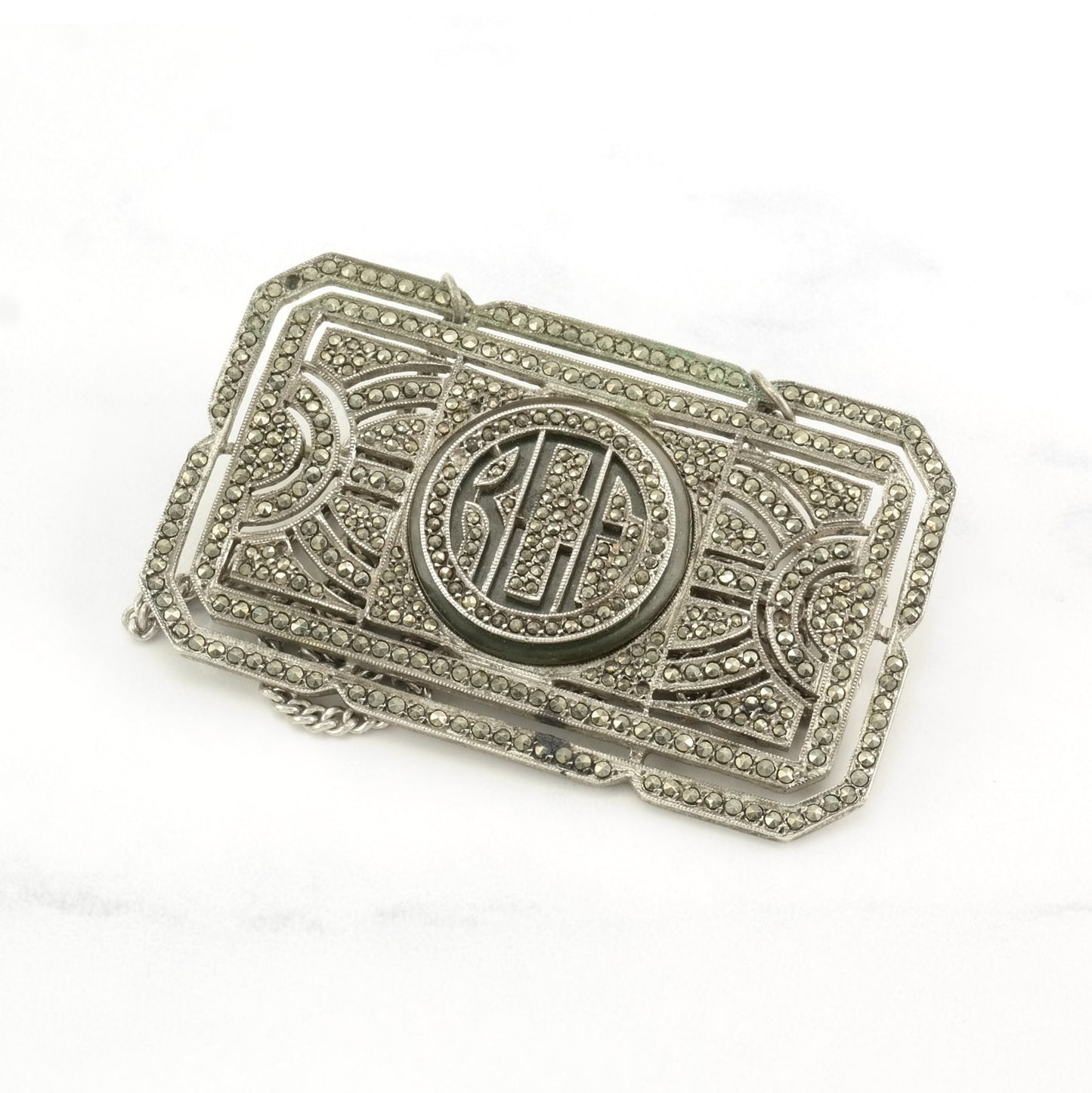 Art Deco Sterling Silver Brooch Pendant Necklace "RCF" B1828