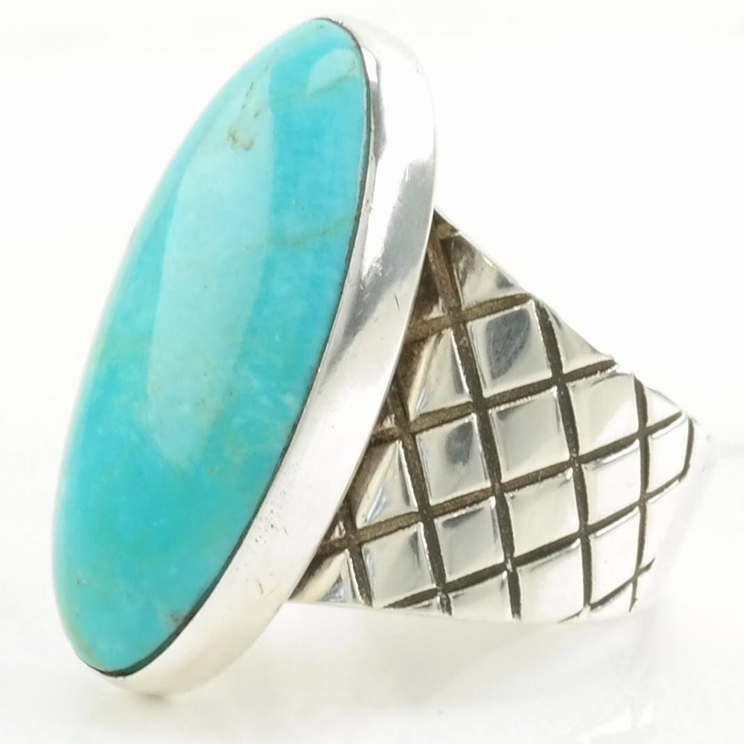 Vintage DTR Silver Ring Turquoise Stamped Band Sterling Blue Size 7 1/4