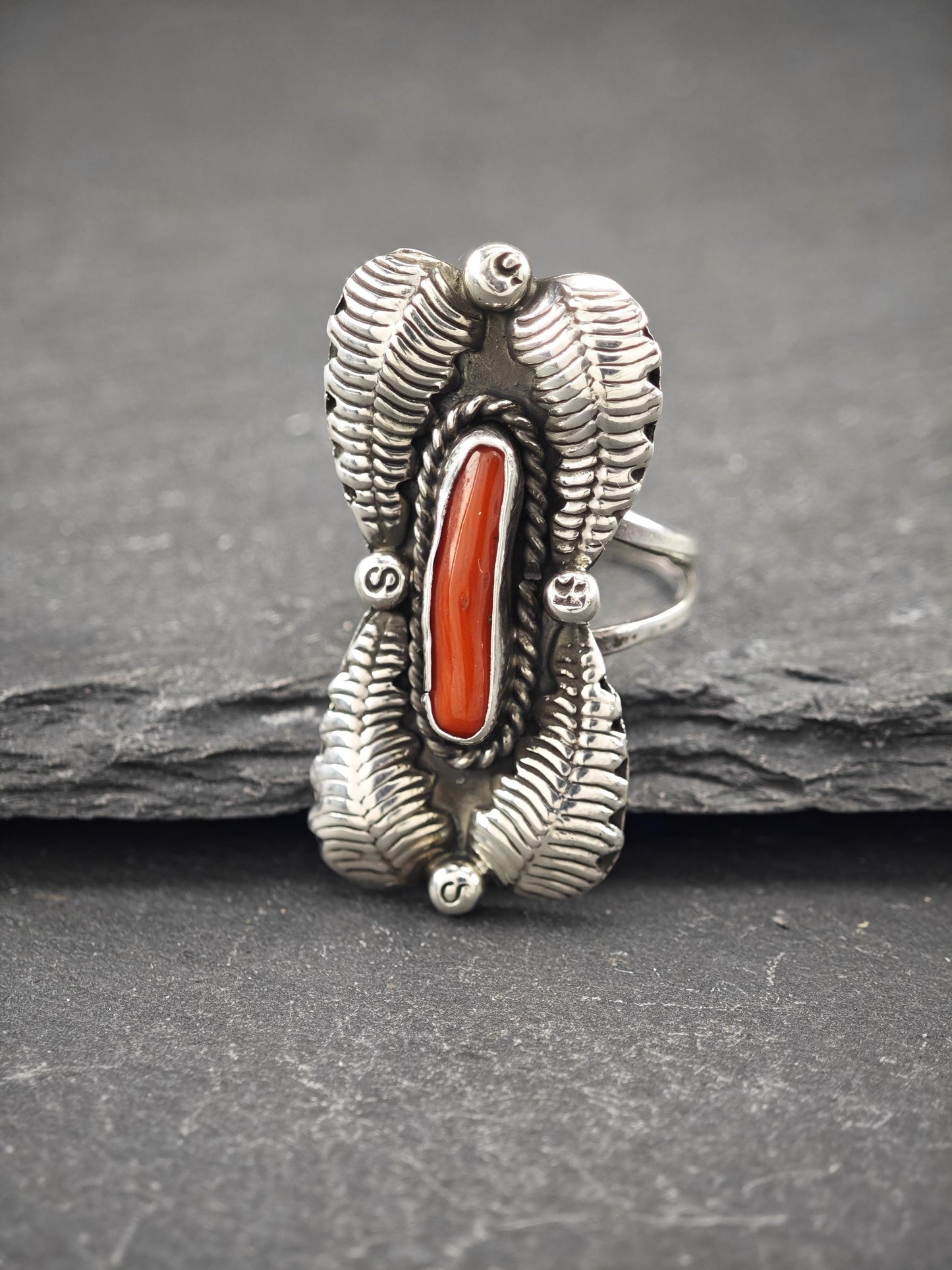 Native American Coral, Floral Ring Sterling Silver R5727
