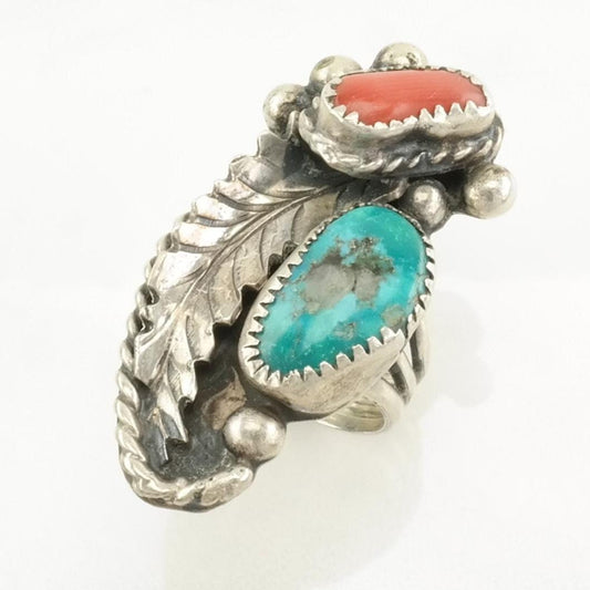 Vintage Native American Silver Ring Turquoise, Coral Leaf Sterling Blue, Red Size 6 1/2
