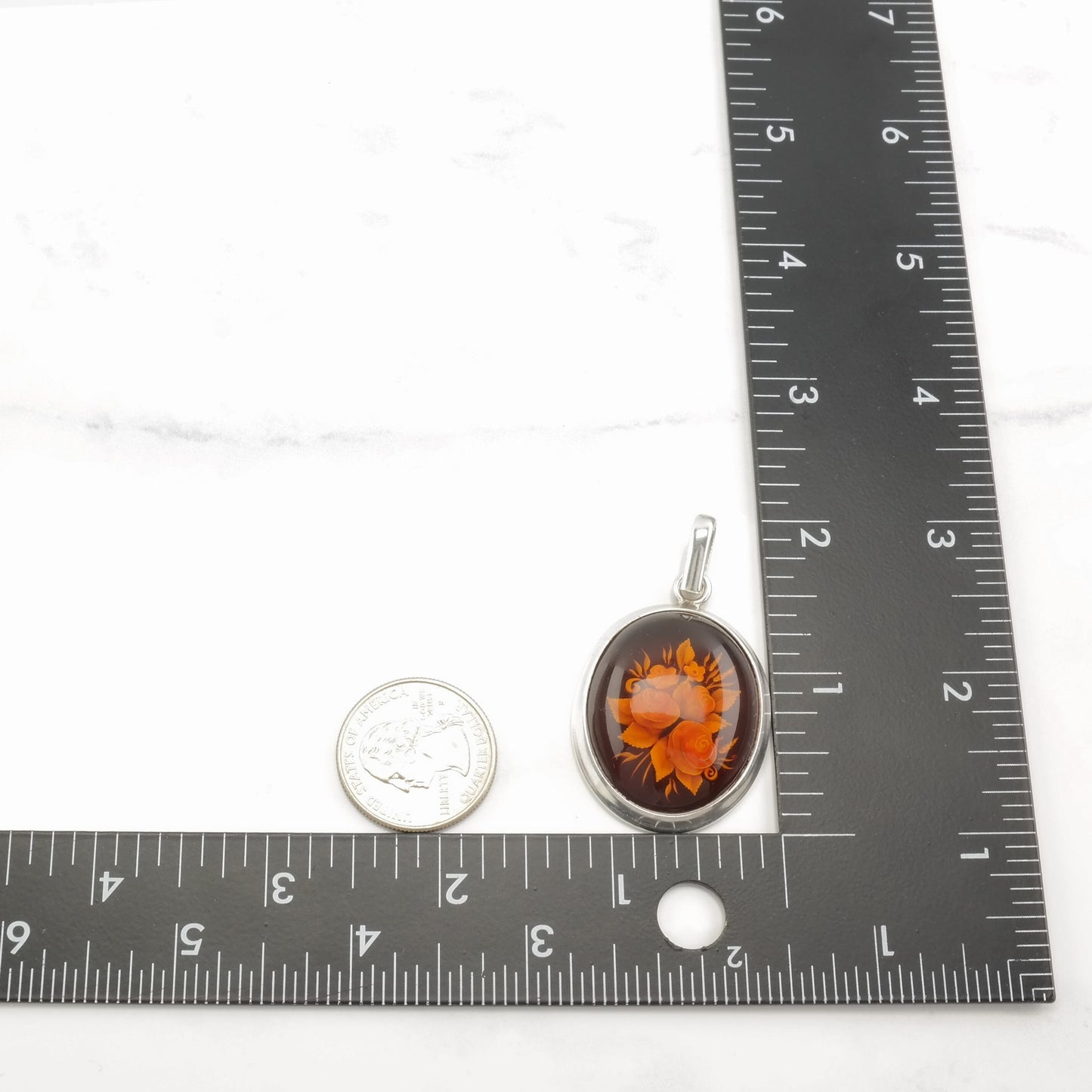 Vintage European Amber, Carved Flower, Intaglio Sterling Silver Pendant