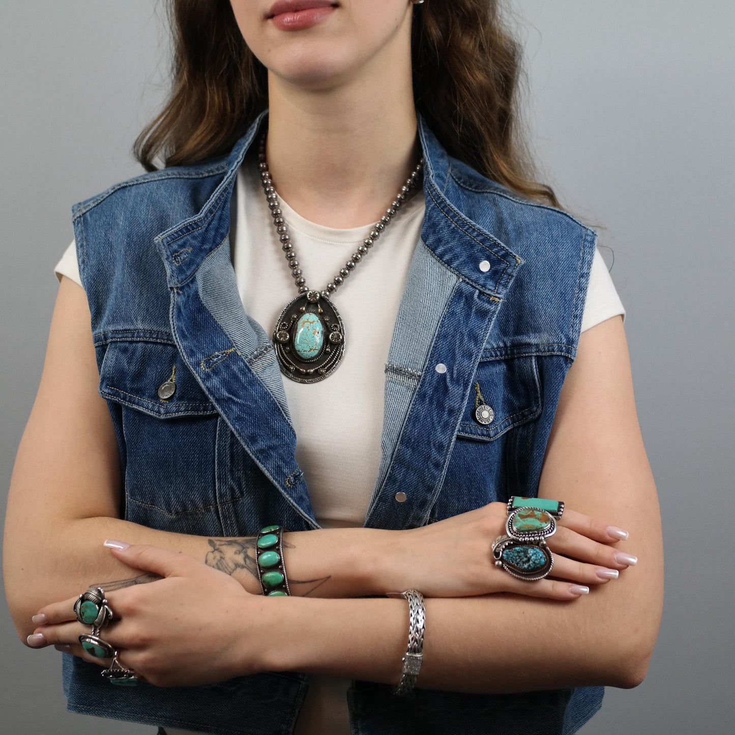 Native Sterling Silver Blue Number Eight Turquoise Floral Beaded Necklace N2212