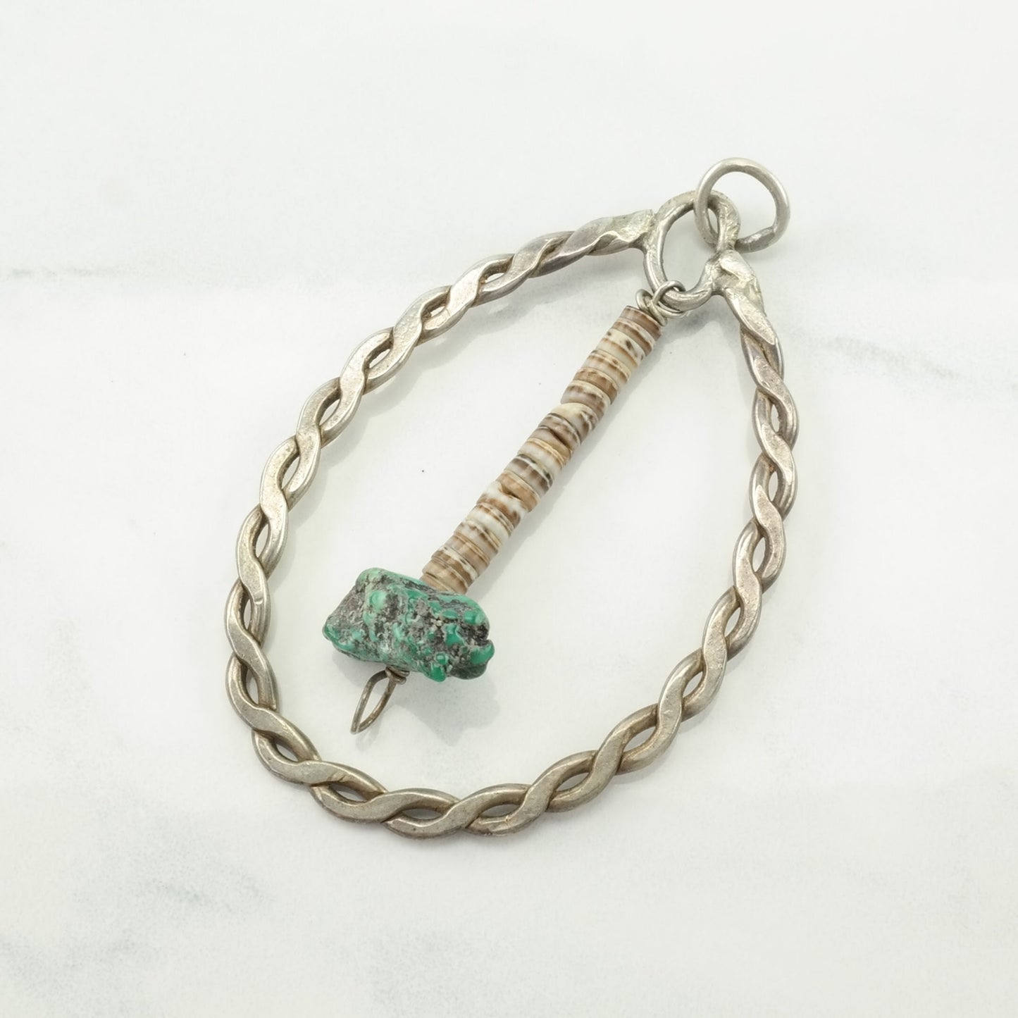 Vintage Native American Turquoise, Heishi Dangling Tomahawk Sterling Silver Pendant