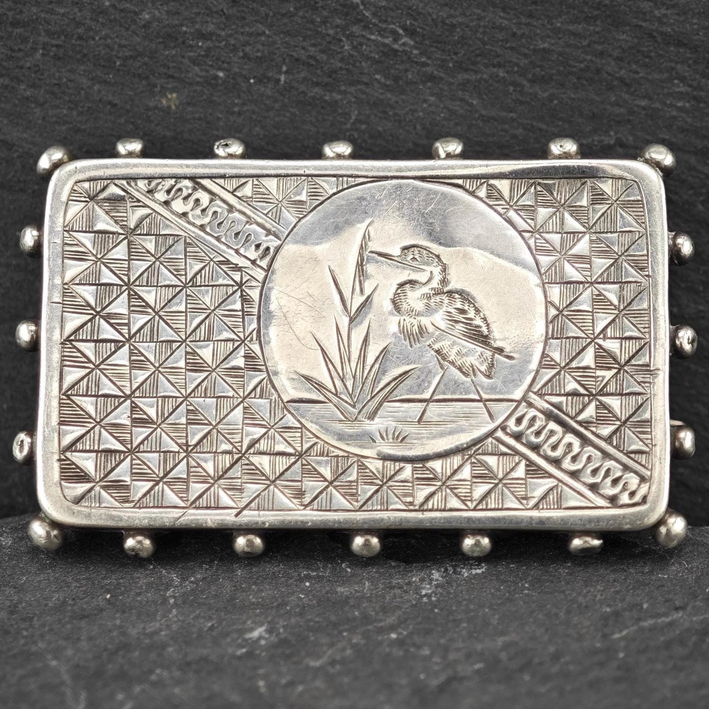 Victorian Antique Memorial, Hair Heron Stork Brooch Sterling Silver