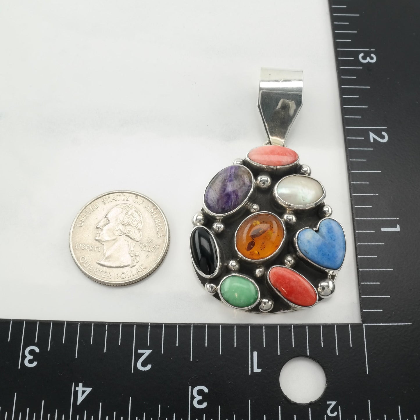 Vintage Silver Pendant Amber, Pearl, Onyx Multi Gem, Teardrop Sterling