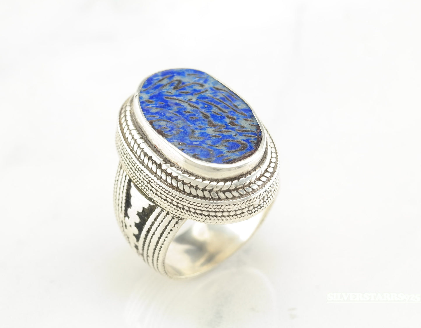 Vintage Blue Carved Lapis Silver Ring Size 10.5 Vintage Ethnographic Sterling