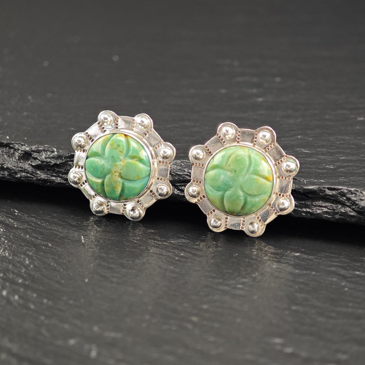 Green Gemstone Carved Floral Stud Earrings Sterling Silver