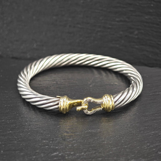 David Yurman 7mm 14K Gold, Diamond, Buckle Bangle Bracelet Sterling Silver