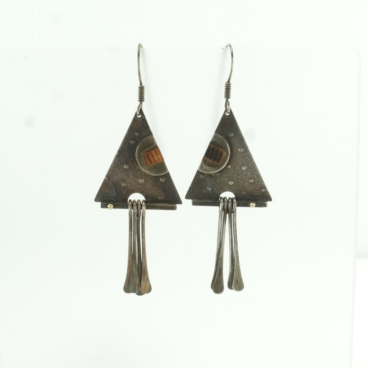Vintage Sterling Silver Fish Hook/Dangle Earrings MCM, Modernist Abstract Triangular, Copper Inlay