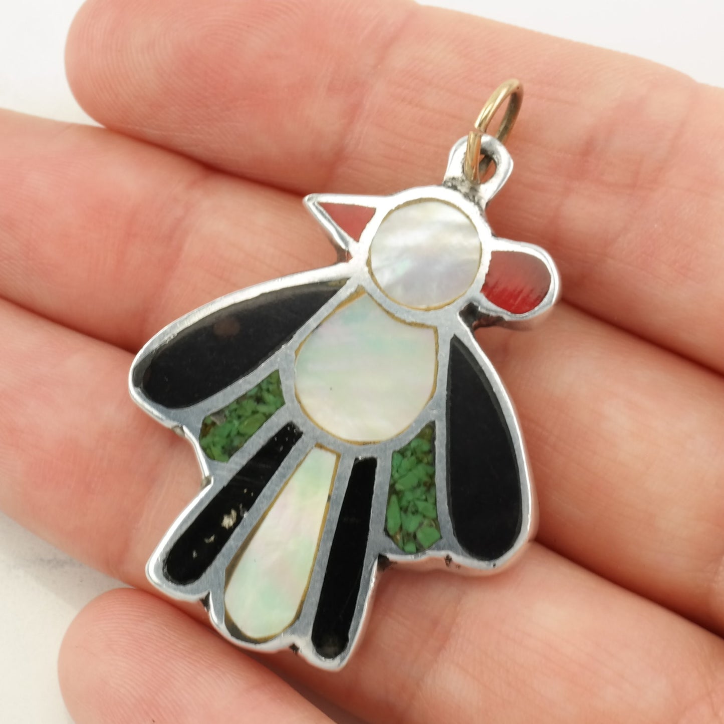 Vintage Native American Multi Gem Inlay Bird Sterling Silver Pendant
