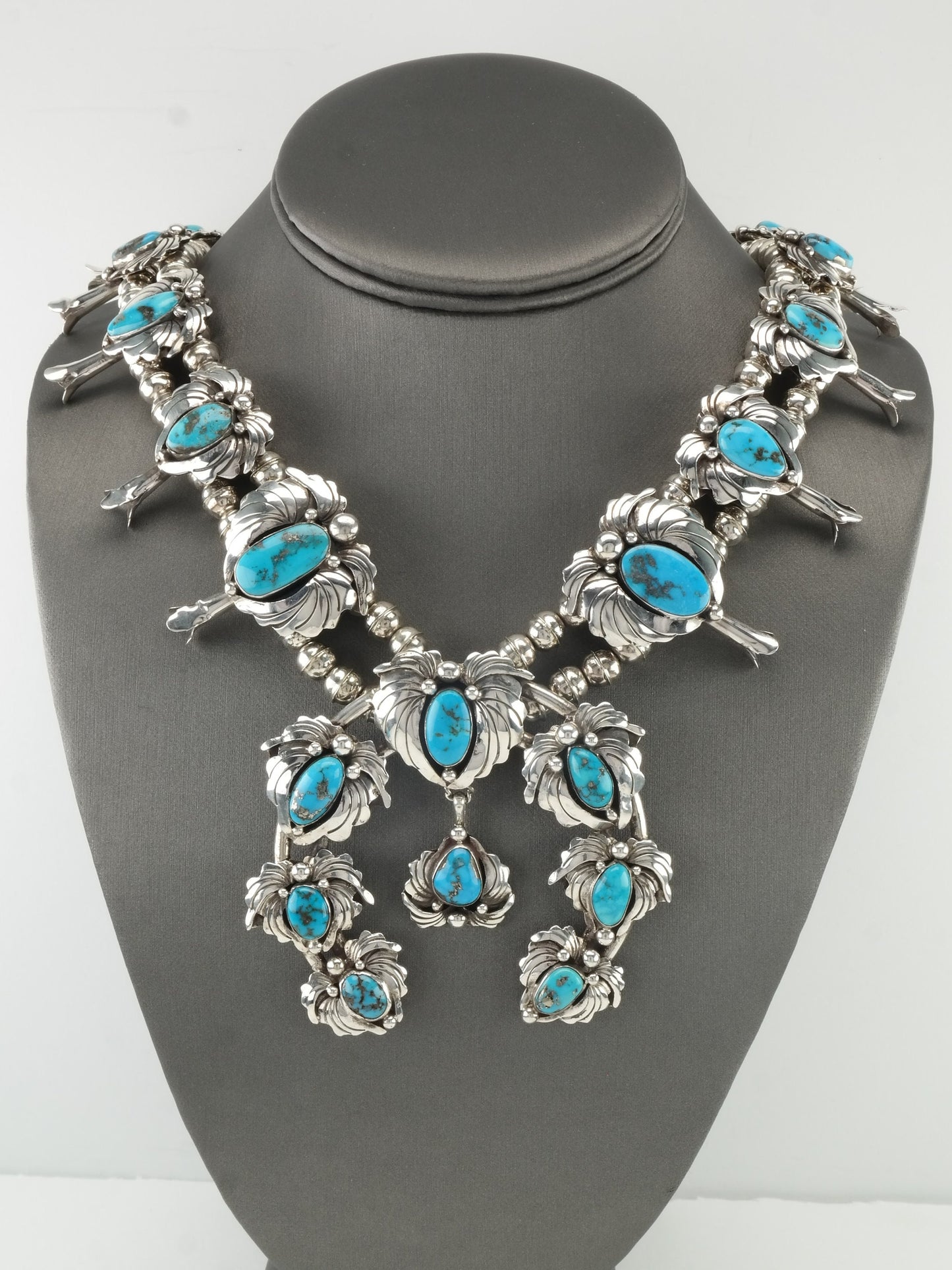 Vintage Native American Sterling Silver Blue Turquoise Squash Blossom Necklace Earrings Set