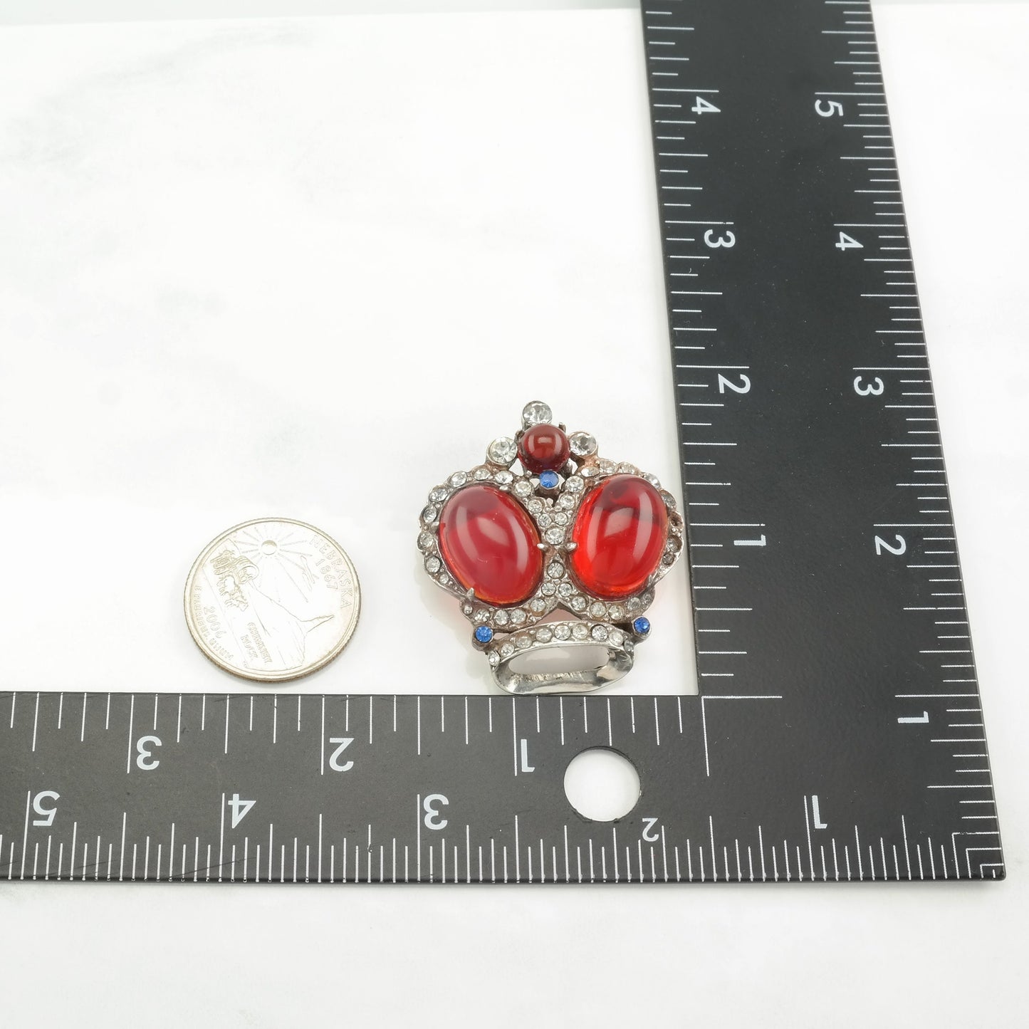 Crown Brooch Colored Glass, Missing one stone, Jelly Belly, Sterling Silver B1600