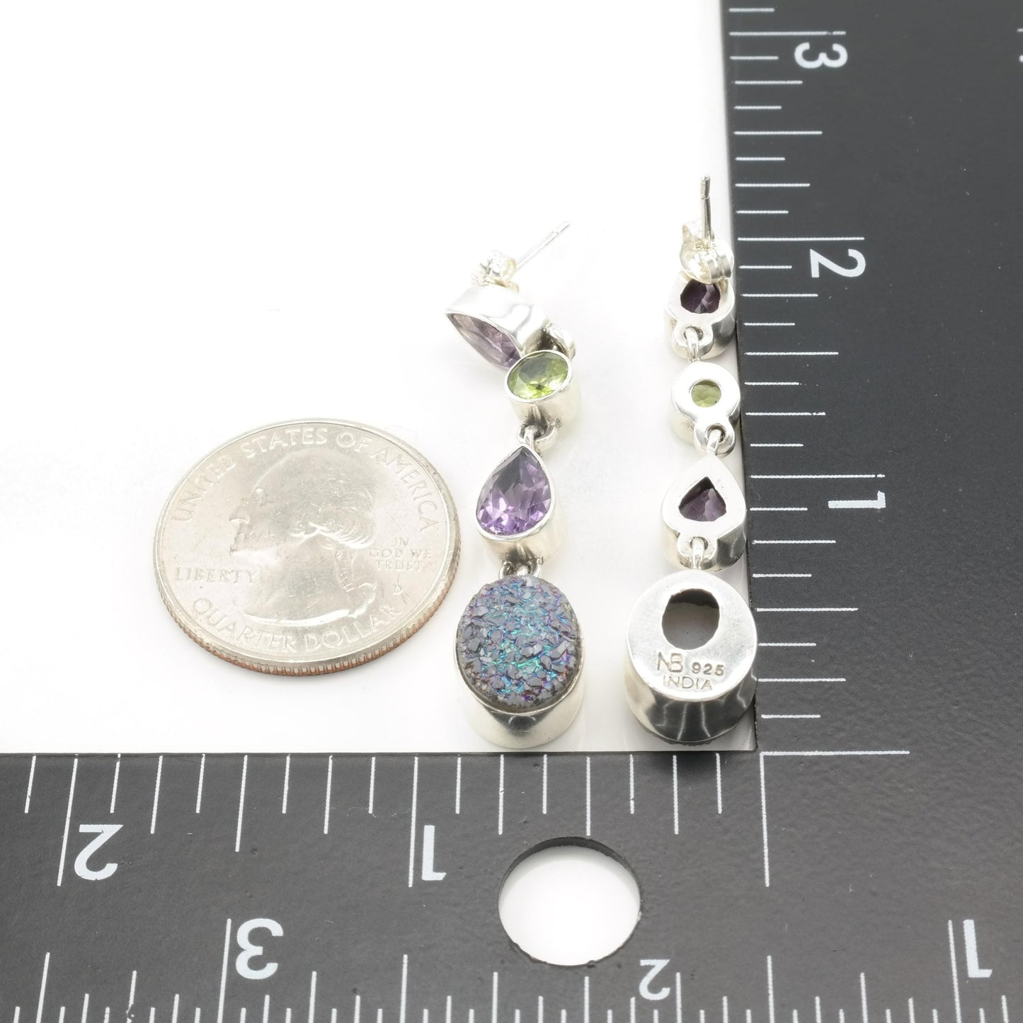 Vintage Nicky Butler Sterling Silver Stud Dangle Earrings Amethyst, Peridot Druzy