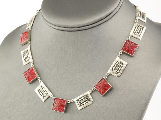 Vintage Modernist Sterling Silver Carved Glass Filigree Necklace