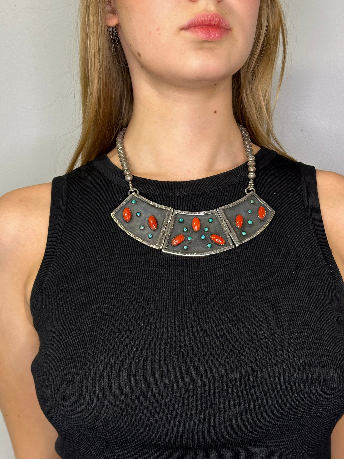 Native American Sterling Silver Turquoise Coral Plaque Cluster Necklace